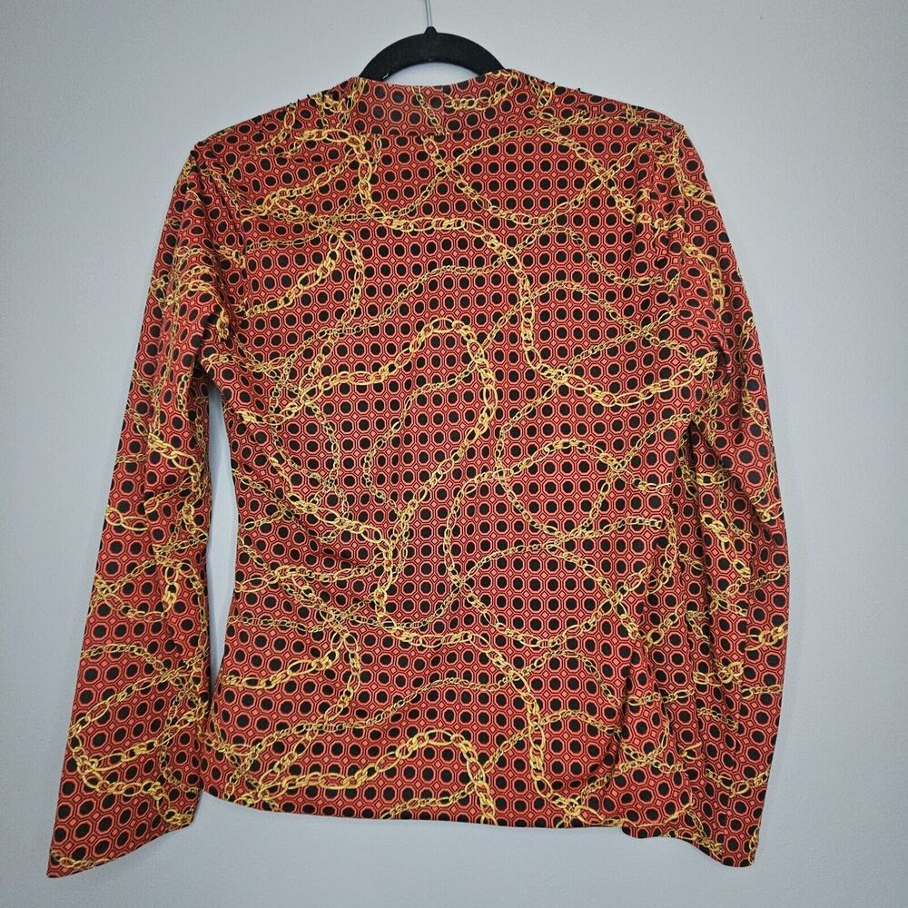 Jones New York Womens M‎ Faux Wrap Blouse Long Sleeve Chain Print Orange Black - Picture 2 of 9